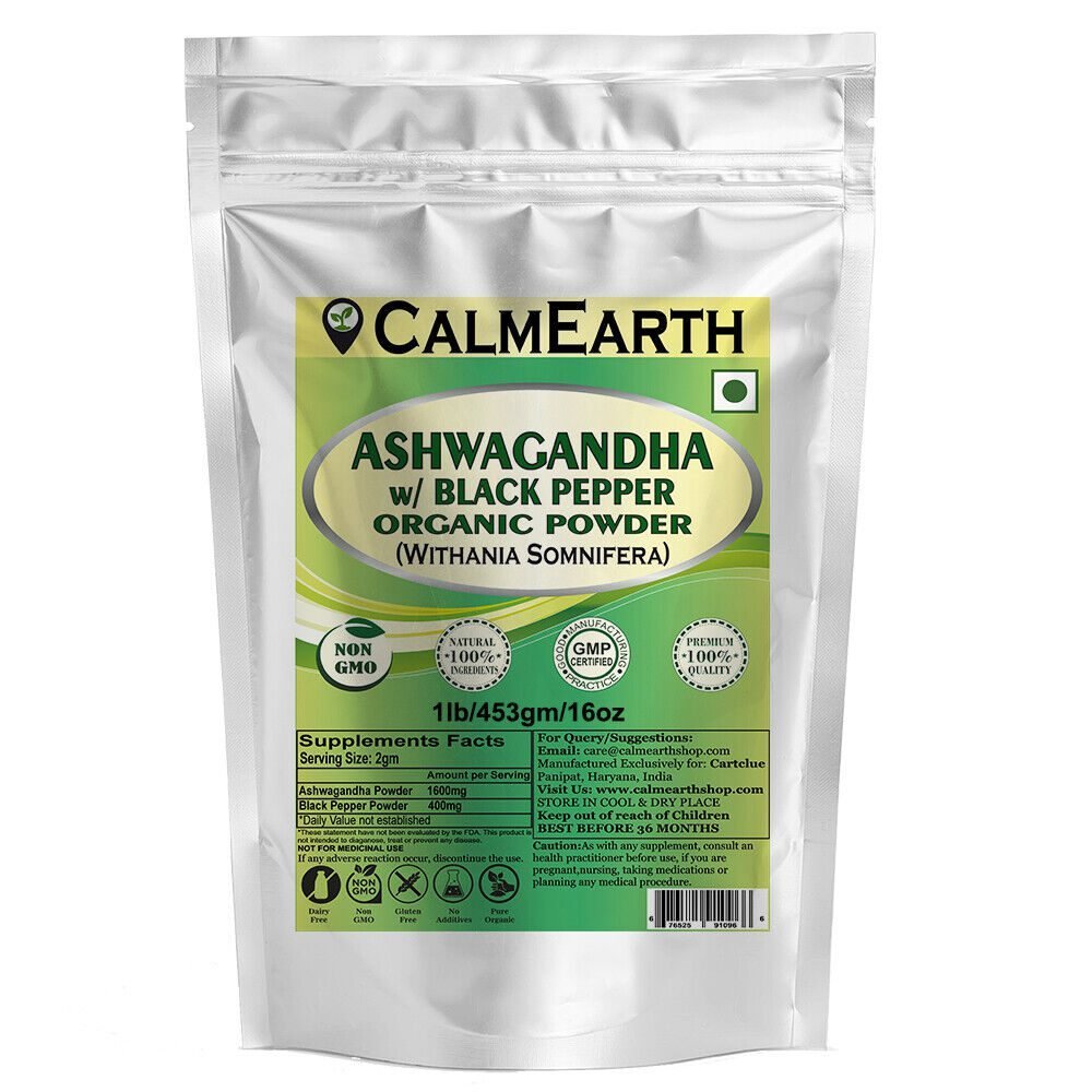 organic-ashwagandha-with-black-pepper-powder-1lb.jpg CalmEarth Organic Ashwagandha with Black Pepper Powder (Withania somnifera & Piper nigrum) - Image 1